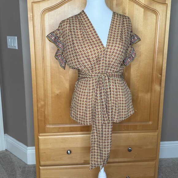 Max Studio Geometric Blouse Front Tie Flutter Sleeve XS - Picture 1 of 13